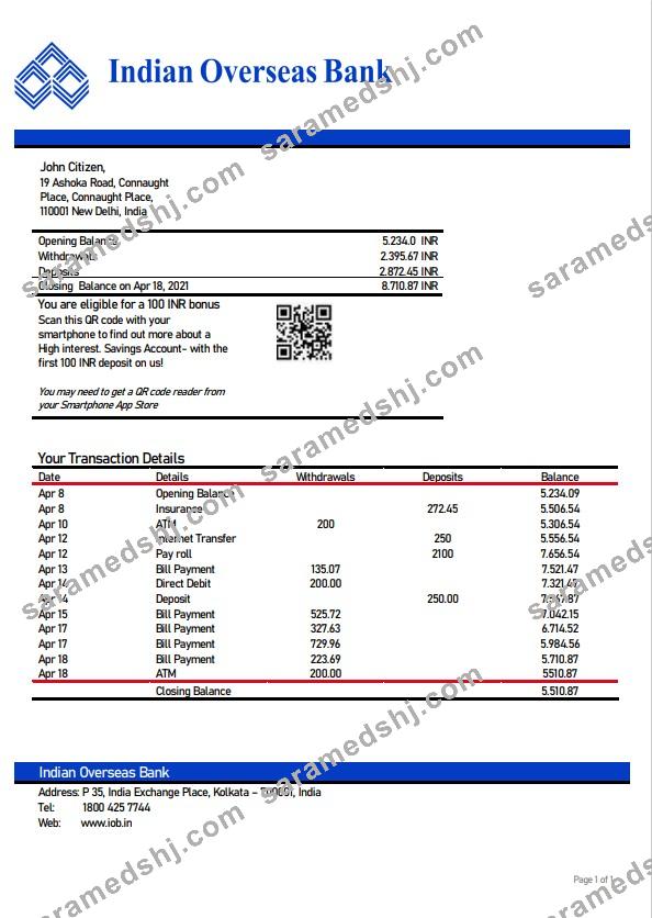 India Indian Overseas Bank statement template, Word and PDF format